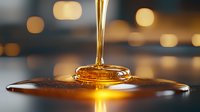 Golden honey or syrup stream pouring onto reflective surface with warm bokeh background, creating smooth glossy puddle in macro photography.