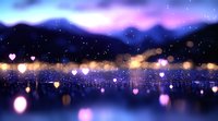 Dreamy night cityscape with glowing heart-shaped bokeh lights and aurora borealis in purple and blue tones creating magical romantic atmosphere.