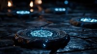 Glowing mystical rune stone with blue magical symbol on dark wet surface surrounded by candlelight creates mysterious atmosphere for fantasy and occult concepts.