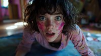 Young woman with messy dark curly hair and pink glitter face paint showing surprised expression in dramatic lighting, looking directly at camera with wide eyes.