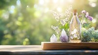 Mystical arrangement with amethyst crystal, glass bottle, delicate wildflowers on wooden tray against sunlit bokeh background, creating serene spiritual atmosphere.