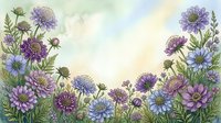Watercolor wildflower border with purple and blue blooms, green foliage, soft pastel sky background, copy space for text or design.