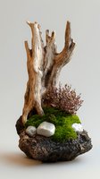 Miniature natural landscape with weathered driftwood, moss, small flowering plant, and decorative stones on dark base against neutral background.