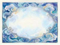 Watercolor Chinese style frame with blue clouds and ornate silver border, soft sky background, copy space for text or design.