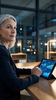 Mature woman, Caucasian, business professional wearing dark blazer, reviewing financial data on tablet at wooden desk in modern office with city skyline view at night, suitable for corporate, finance, and technology concepts.