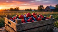 Fresh mixed berries in a rustic wooden crate at sunset, with a farm in the background. Perfect for food, agriculture, and harvest themes.