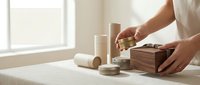 Woman arranging natural skincare products and wooden box on white table in bright minimalist room for spa wellness routine and self-care ritual.
