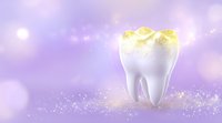 Glowing white molar tooth with golden crown on purple bokeh background with magical sparkles and light effects, dental care concept for orthodontics and stomatology.