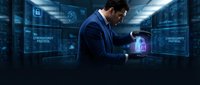 Professional businessman in suit interacting with holographic cybersecurity interface and digital lock icons in futuristic data center environment.