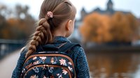 Young female student with braided hair and backpack looking at autumn lake view against blurred castle background in warm fall colors and peaceful mood.