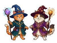 Two anthropomorphic cats dressed as wizards and sorcerers, wearing pointed hats and magical robes, holding enchanted staffs with glowing orbs. Isolated clipart suitable for children's books, merchandise, and design projects.