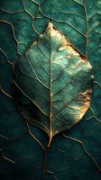 Macro view of emerald green leaf with golden veins showing intricate natural patterns and textures. Artistic nature photography highlights organic structure and light.