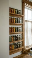 Organized spice rack with glass jars filled with herbs and spices on wooden shelves in modern farmhouse kitchen interior design for cooking and storage.