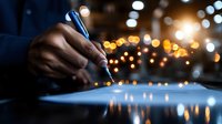 Professional businessman hand writing on digital tablet with stylus pen against blurred city lights background at night for business technology concepts.