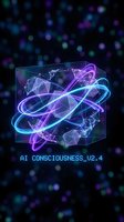 Futuristic AI consciousness concept with glowing neon orbits and neural network connections on dark digital background for technology presentations.
