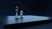 Glass chess pieces king and knight on modern platform with dramatic lighting for strategic business concepts and leadership metaphors.