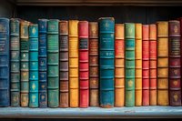 Row of vintage leather-bound books in various colors on wooden shelf, showing decorative spines with gold lettering and classic binding details.