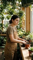 Young woman of South Asian descent wearing tan work apron and olive shirt, tending potted plants in bright greenhouse surrounded by hanging greenery and wooden structures, suitable for gardening, sustainability, and small business content.