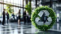 Green recycling symbol surrounded by fresh leaves wreath against blurred office background with people, representing sustainable business practices and eco initiatives.