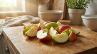 Fresh sliced apples on wooden cutting board in bright kitchen setting with natural sunlight streaming through window creating warm cooking atmosphere.