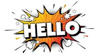 Comic book style hello speech bubble with explosion burst and halftone dots on white background for greeting cards and social media posts.