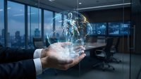 Businessman hand holding holographic sphere with futuristic human anatomy model in modern office environment for medical technology presentations.