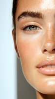 Close-up partial face view showing natural glowing skin with freckles, long eyelashes, defined eyebrow, and glossy nude lips against light background.