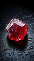 Raw red crystal on wet black surface with water drops. Rough gemstone or mineral specimen glowing with translucent crimson color in dramatic lighting.
