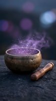 Mystical singing bowl with purple magical sparkles and wooden mallet on dark stone surface with bokeh lights background for meditation and spiritual healing.