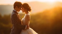 Romantic wedding couple embracing at golden hour sunset with mountain landscape backdrop creating intimate moment for celebration photography.