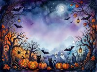 Spooky autumn night scene with glowing jack-o-lanterns, bare trees, flying bats, ghosts, full moon, and hanging lanterns creating a festive seasonal atmosphere for holiday designs.