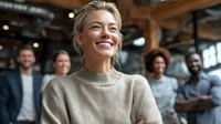 Young blonde woman in beige sweater laughing with genuine joy while diverse group of coworkers chat in modern office background. Natural workplace interaction.