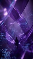 Silhouetted figure standing in futuristic digital environment with flowing purple and blue light waves, glowing particles, and abstract data streams creating immersive cyberspace atmosphere for technology and innovation concepts.