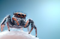 Macro photography of jumping spider with orange and black coloring against soft blue background, showcasing detailed eyes and leg features in sharp focus.