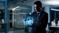 Professional businessman using smartphone with glowing cybersecurity lock hologram in modern office environment for data protection and digital security concepts.