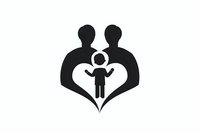 Black silhouette of parents forming heart shape with child in center, symbolizing family unity, love and protection. Isolated design element for family services.