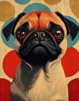 Artistic portrait of pug dog with expressive eyes against colorful polka dot background. Stylized illustration features detailed fur texture and distinctive facial features.