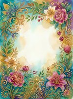Watercolor floral frame with gold ornamental swirls, pink roses, lilies, and green leaves on colorful background with copy space.