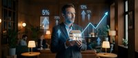 Mature businessman in formal suit holding digital tablet with holographic financial growth charts and upward trending arrows displayed in modern office environment at night.
