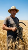 Senior Caucasian farmer with straw hat and sickle standing in golden wheat field under blue sky during harvest season for agricultural and farming concepts.
