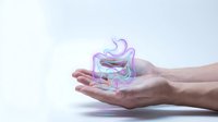 Human hands holding glowing holographic stomach organ with digestive system visualization for medical education and healthcare technology concepts.