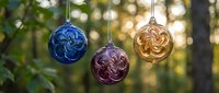 Colorful glass ornaments with swirl patterns hanging outdoors against blurred green foliage background for holiday decorating and seasonal celebrations.