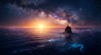 Lone figure silhouette standing on rock formation in ocean under starry night sky with glowing Milky Way galaxy and golden sunset horizon creating magical seascape.