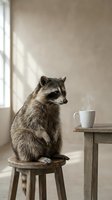 Raccoon sitting on wooden stool next to steaming coffee cup in cozy indoor setting with natural window light for humorous animal concepts.