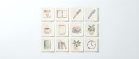 Minimalist line art icons set featuring office supplies, books, plants and workspace elements in soft pastel colors on white background for modern design projects.