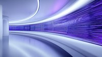 Futuristic corridor with glowing neon purple and blue LED lights, sleek modern architecture, and smooth curved walls creating a sense of motion and speed.