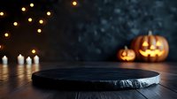 Dark wooden platform with glowing Halloween pumpkins and warm string lights creating spooky atmospheric product display background for seasonal marketing.
