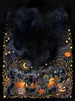 Spooky night frame with black cats, jack-o-lanterns, bats, moons, stars, and golden ornamental borders on dark background. Perfect for Halloween designs, invitations, and seasonal graphics.