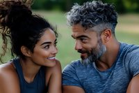 Happy mixed-race couple sharing intimate moment outdoors. Mature bearded man and young woman laughing together in casual athletic wear during summer day.