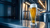 Fresh golden beer with foam head in tall glass at modern brewery with stainless steel tanks and industrial equipment in background for craft brewing business.